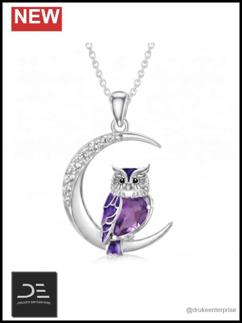 Natural Amethyst Owl Necklace 925 Sterling Silver Moon Pendant Women Gift